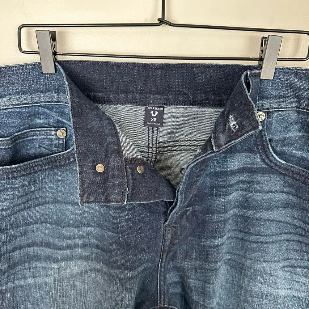 True Religion Mens Relaxed Skinny Rocco No Flap SE Dark Wash Snap Cuff Hidden Bu